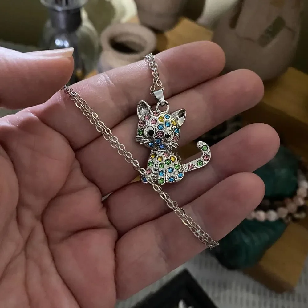 Kitty Cat CZ Silver Necklace